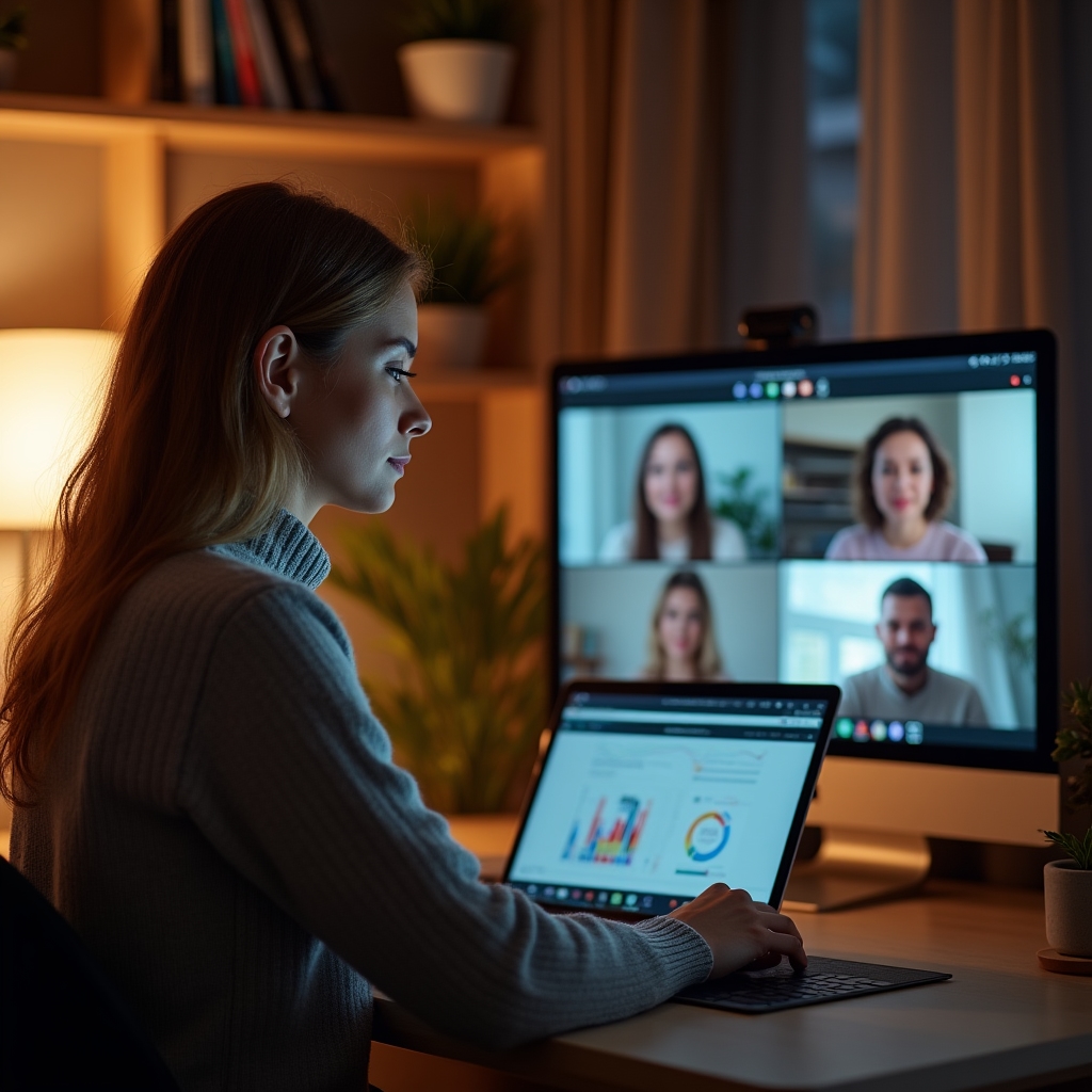 Remote-Team in einer Videokonferenz bespricht gemeinsam Leistungsdaten auf geteiltem Bildschirm