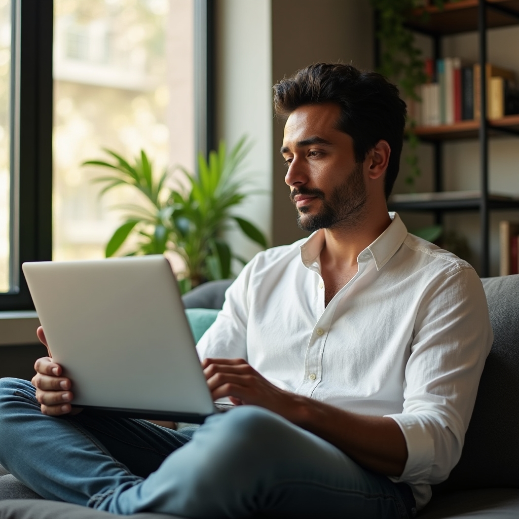 Startup-Gründer arbeitet konzentriert am Laptop mit Daten-Übersicht
