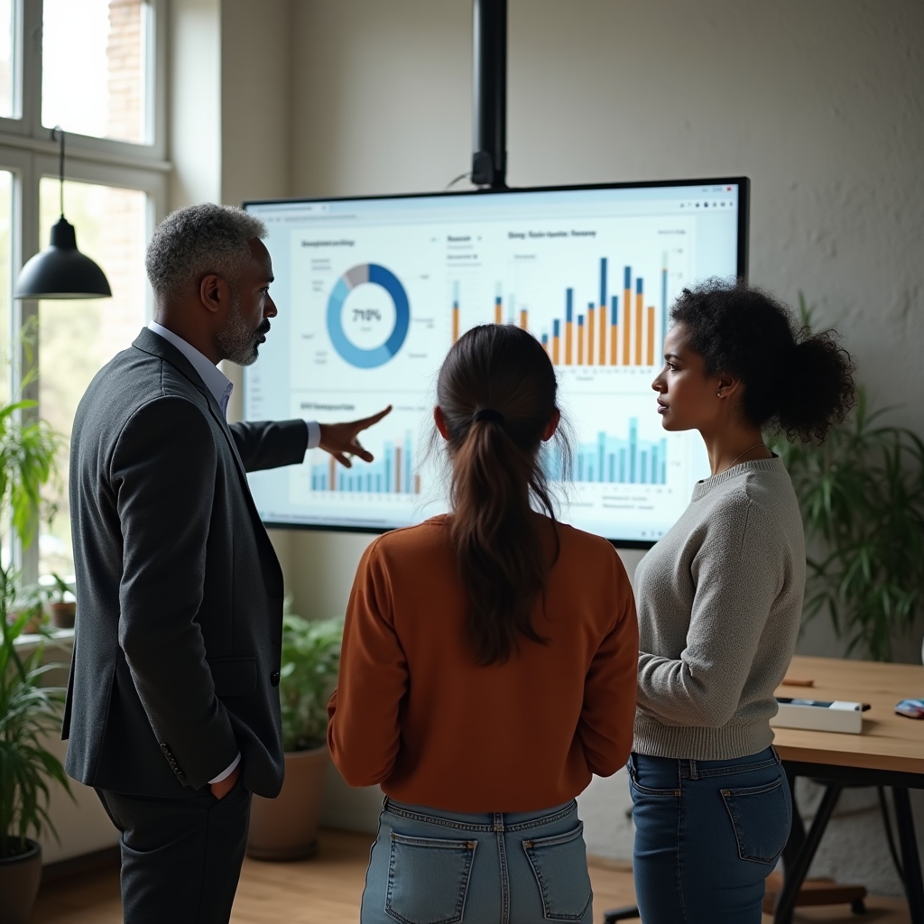Zwei Teammitglieder analysieren gemeinsam Daten auf einem großen Monitor